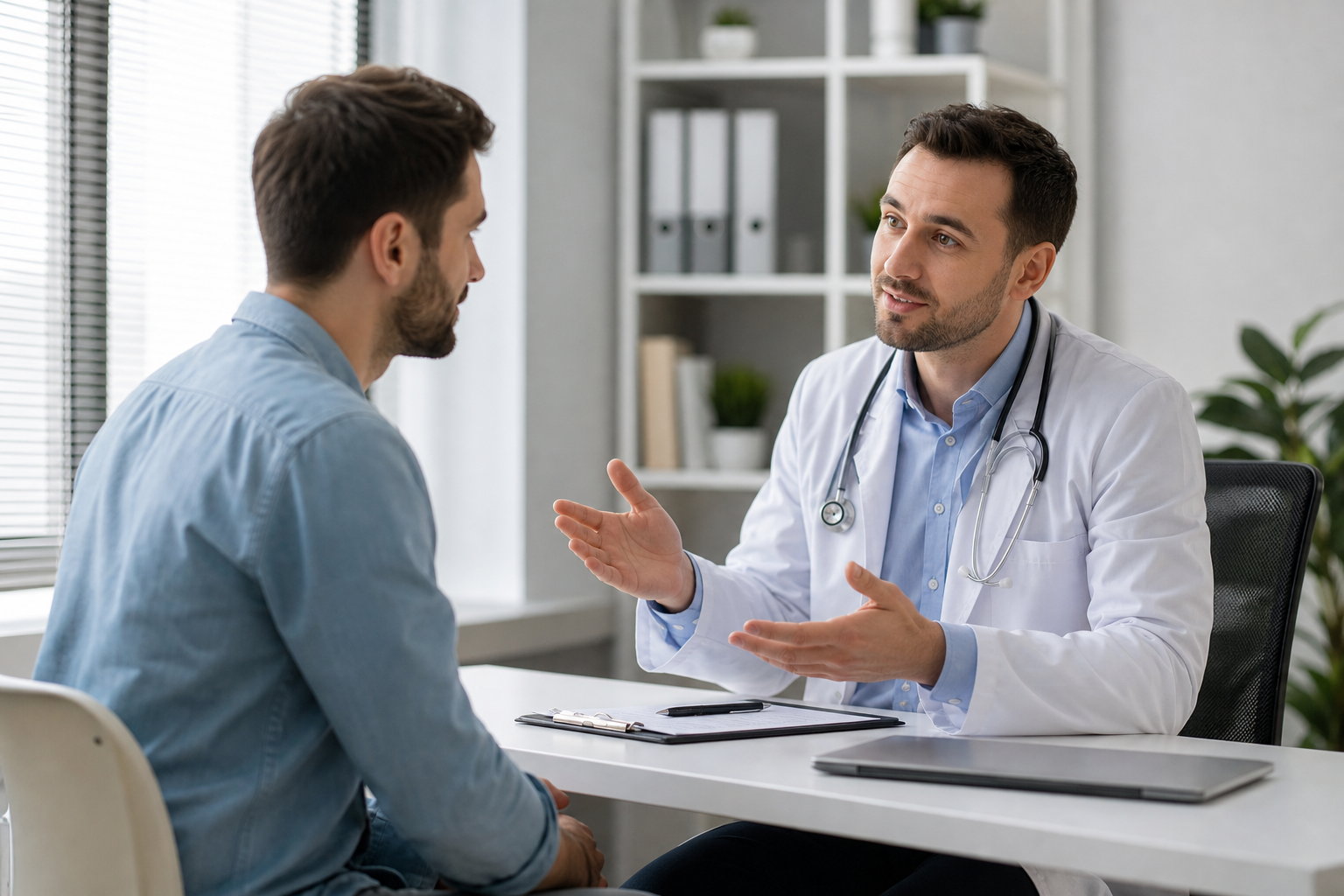 A professional and friendly consultation scene. A male doctor in a clean white coat is talking kindl