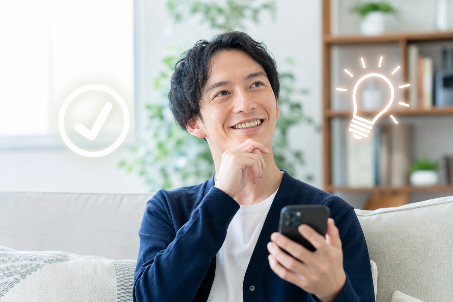疑問が解決して晴れやかな表情を浮かべる30代の日本人男性。明るいリビングでスマートフォンを手に持ち、リラックスした様子で微笑んでいる。彼の周囲には、解決を意味する「チェックマーク」や、ひらめきを意味す