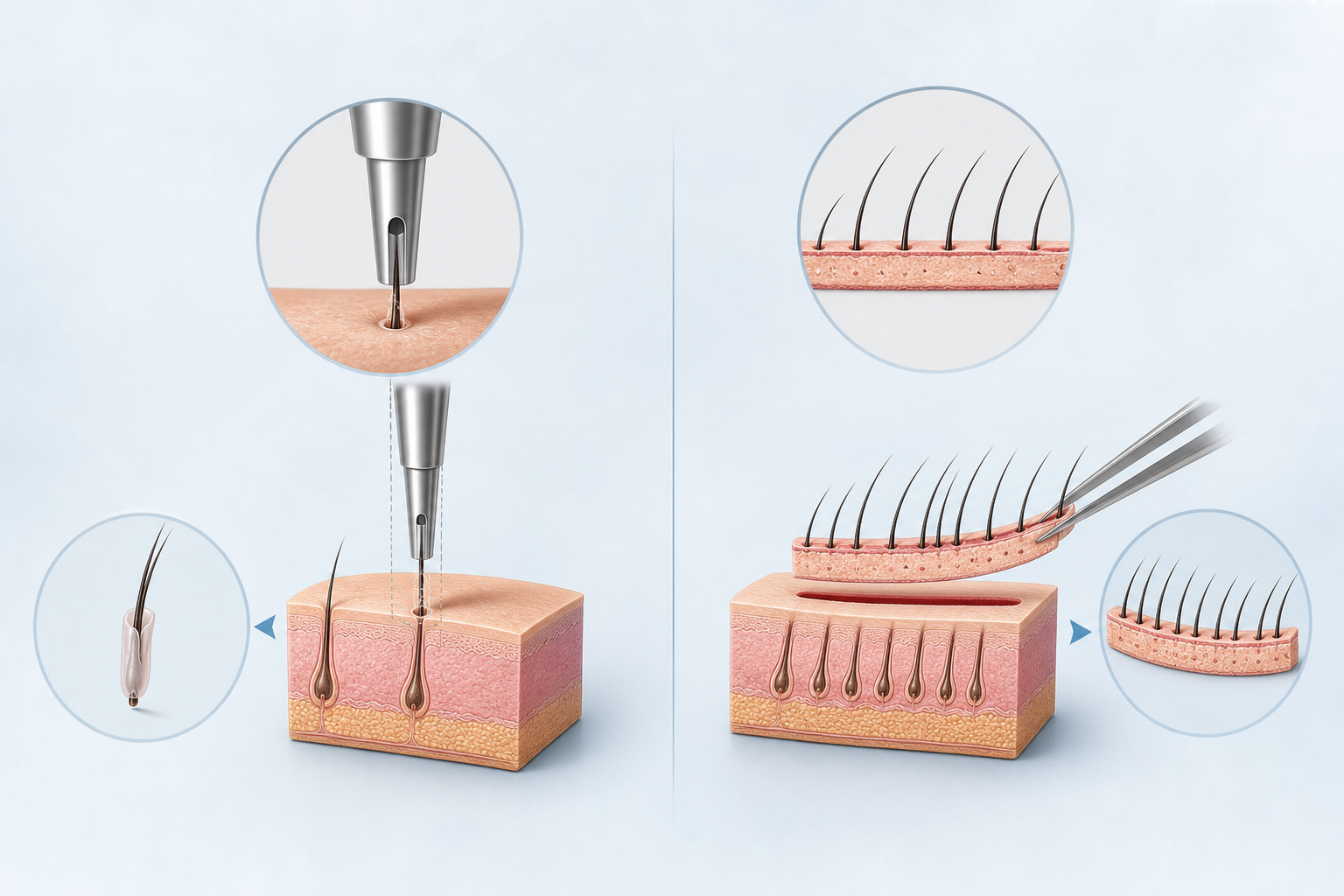 A conceptual infographic comparing two hair transplant methods. One side represents the FUE method w