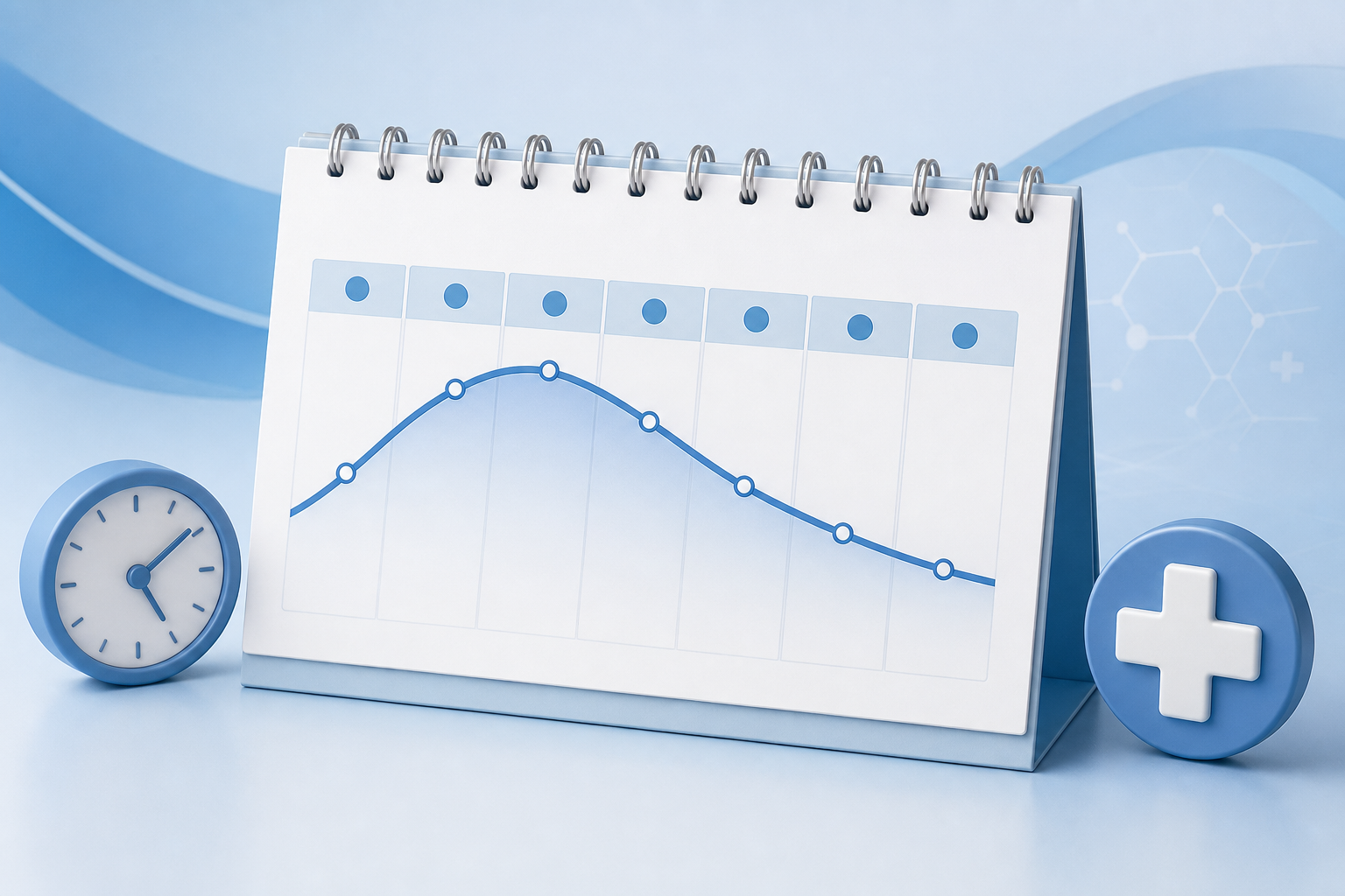 A conceptual 3D illustration of a 7-day recovery calendar on a clean medical-themed background. A st