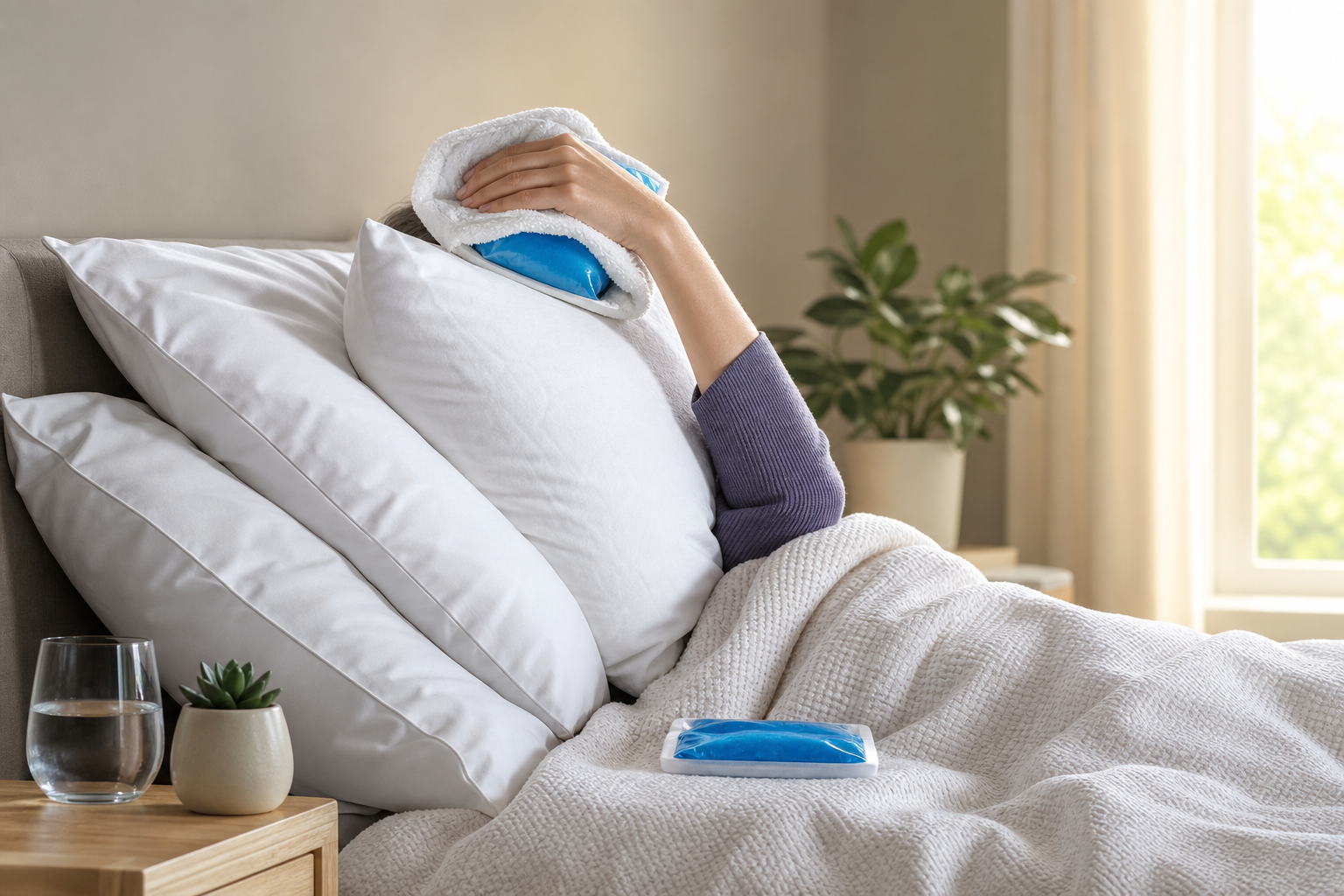 A detailed illustration of a person resting comfortably in a bed at home, with their head significan