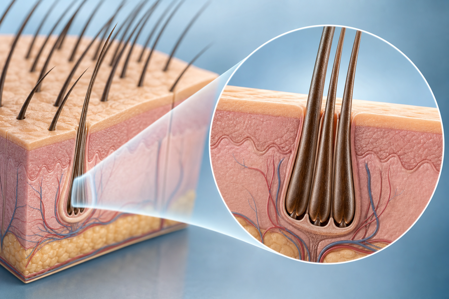 A clear medical illustration showing the concept of a 'follicular unit' (graft). A close-up cross-se