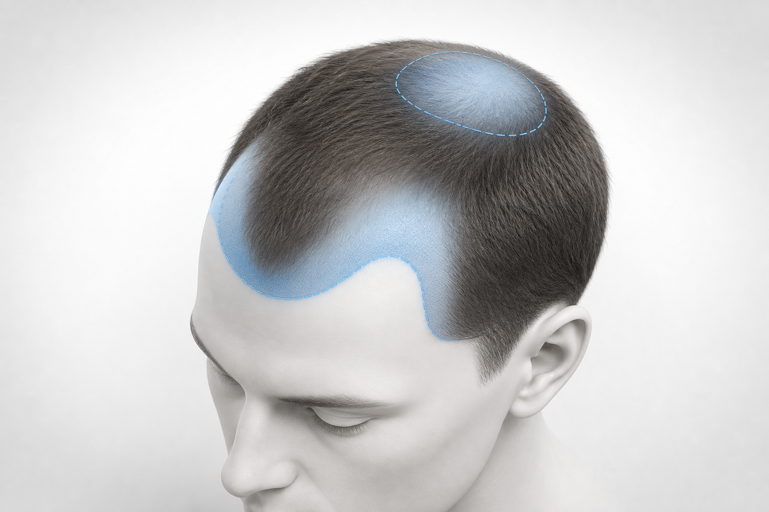 A conceptual medical graphic showing a human head from an upper-diagonal perspective, highlighting t
