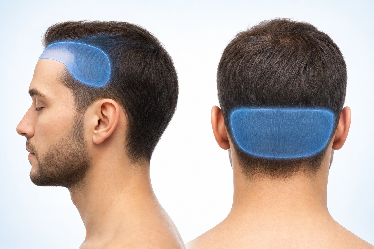 A clean medical illustration of a human head from the side and back view. Semi-transparent light blu