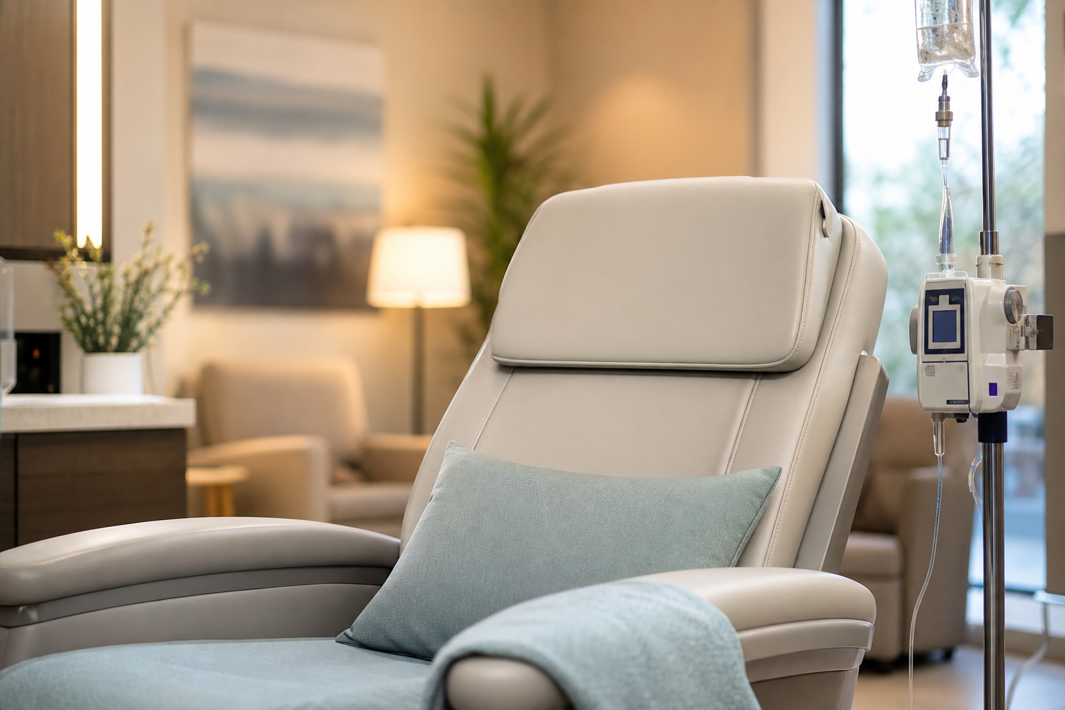 A conceptual image of a person looking relaxed and comfortable sitting in a modern medical treatment