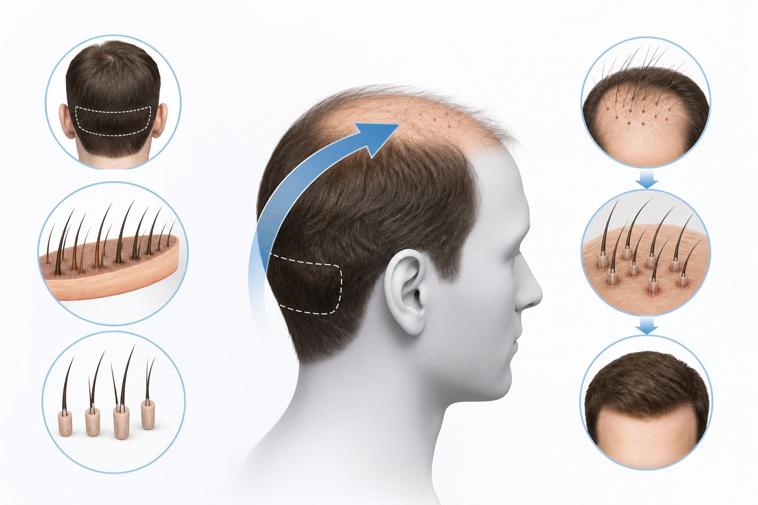 A clean medical illustration or diagram showing the mechanism of hair transplantation. A profile sil