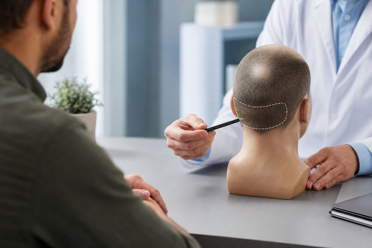 A conceptual illustration of a male patient in a consultation with a professional doctor. The doctor