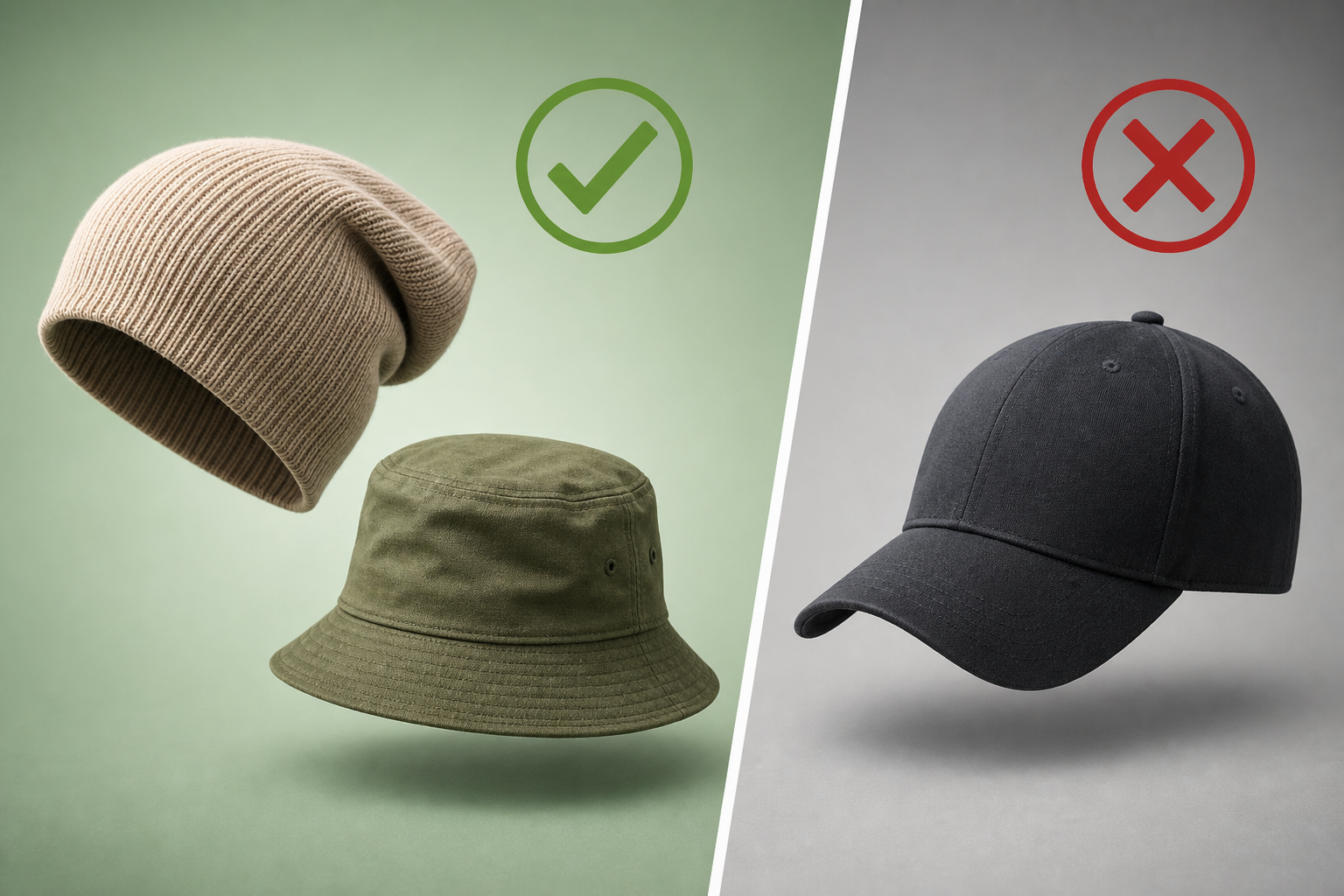 An illustrative comparison graphic showing three types of headwear. On the left, a soft, loose-fitti