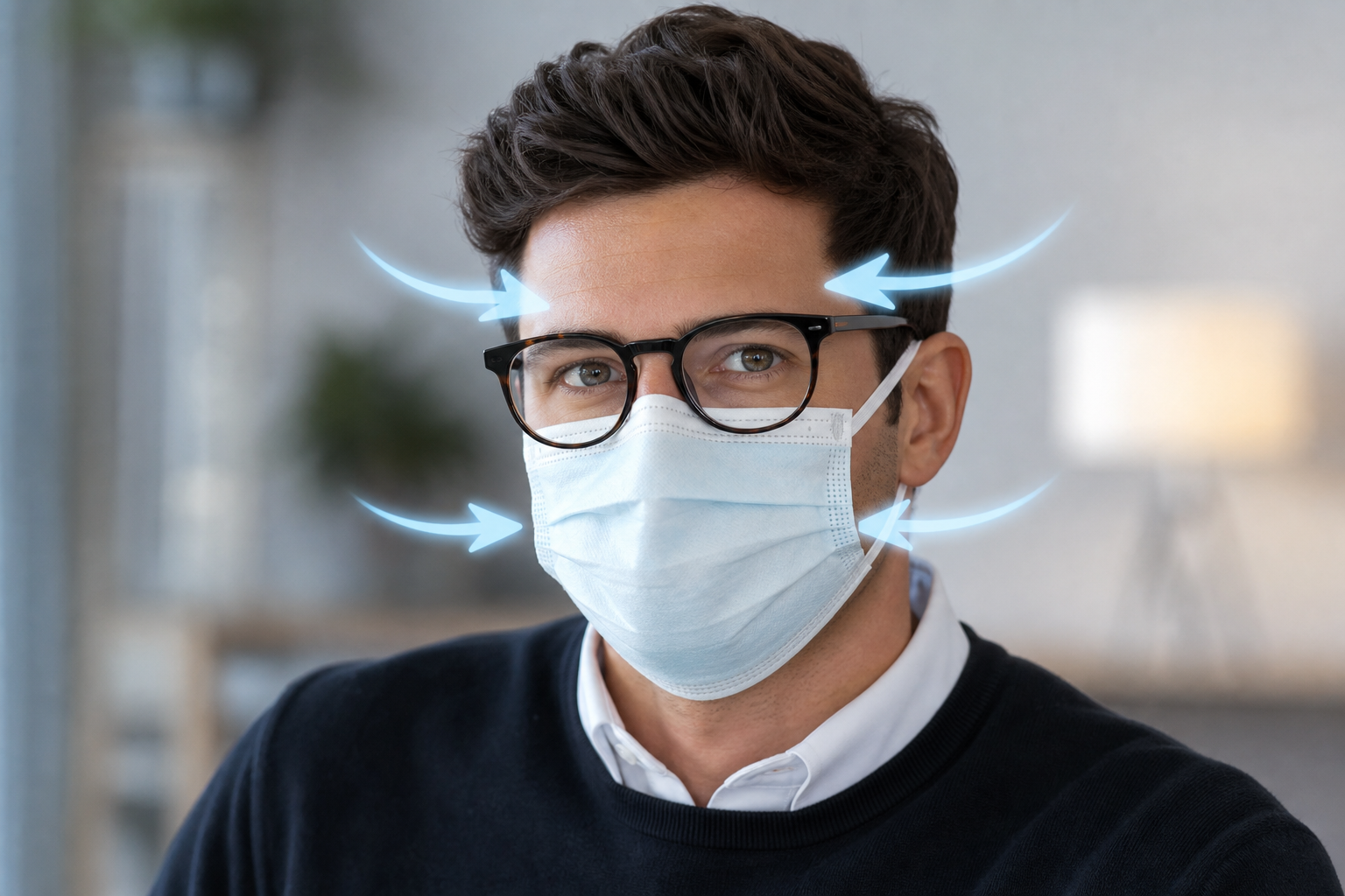 A modern conceptual illustration of a person's upper body wearing stylish, thick-framed glasses and 