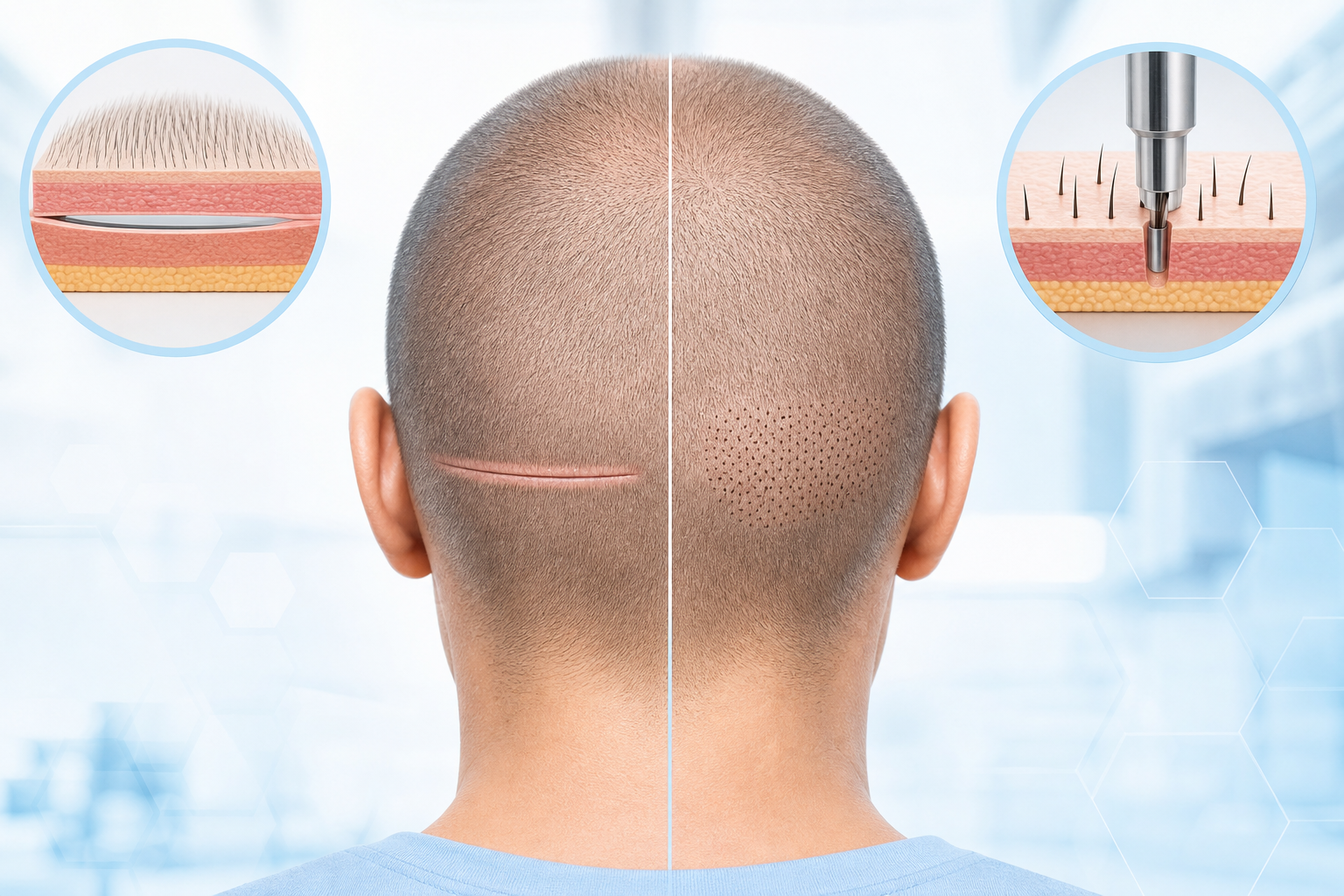 A medical explanatory illustration showing the back of a human head (stylized) to compare two transp