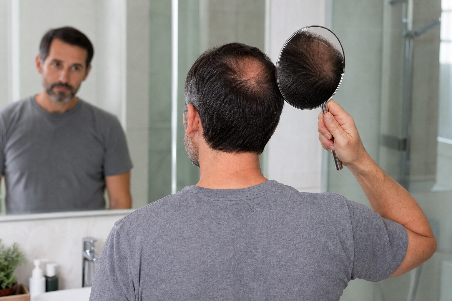 A middle-aged man looking in a mirror in a well-lit, modern bathroom, checking the back of his head 
