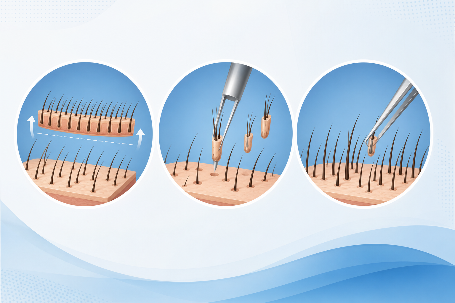 A clean, professional medical illustration comparing three hair transplant methods. 1. A conceptual 