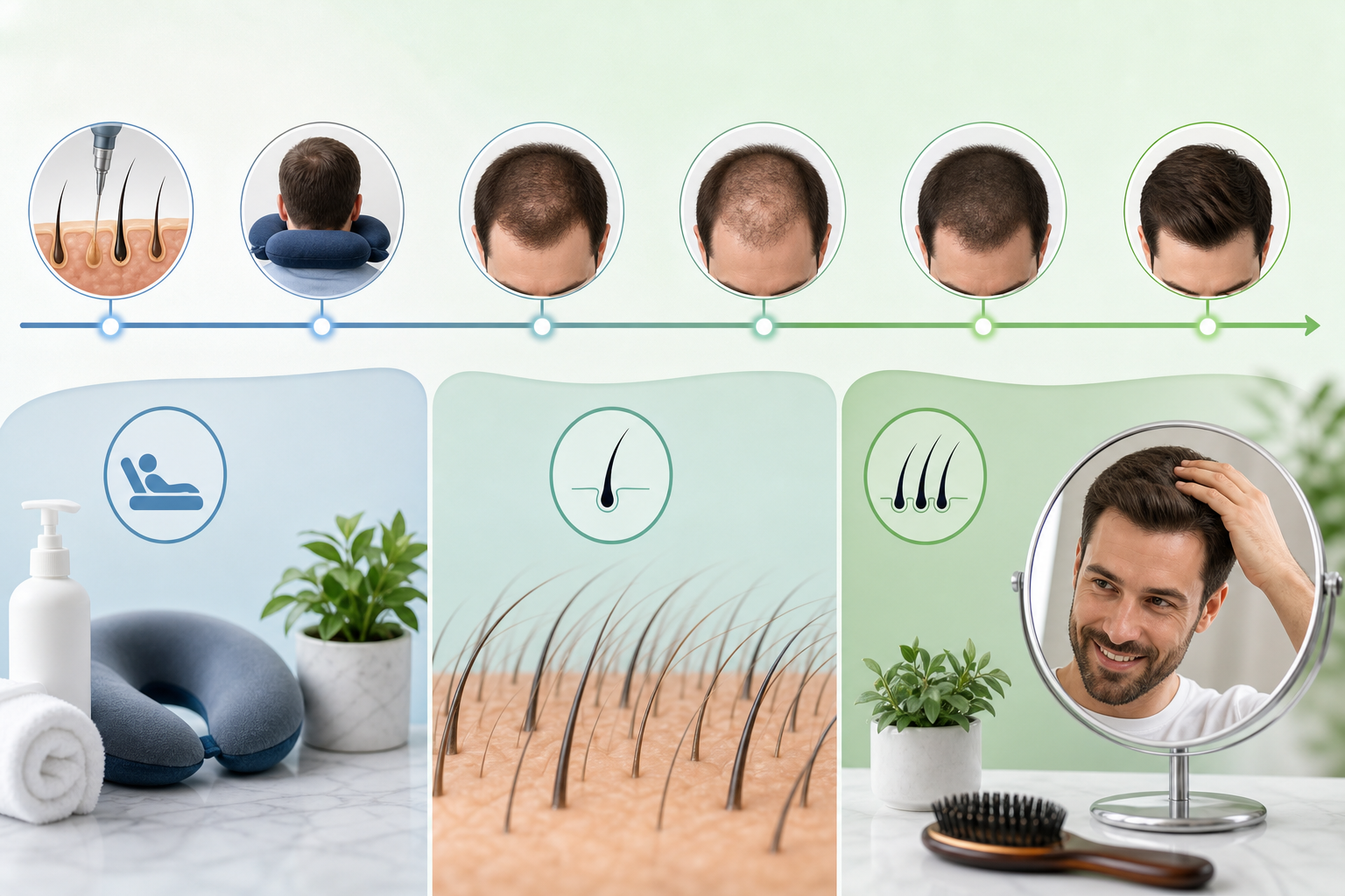 An infographic-style illustration showing a 12-month recovery timeline after hair transplantation. I