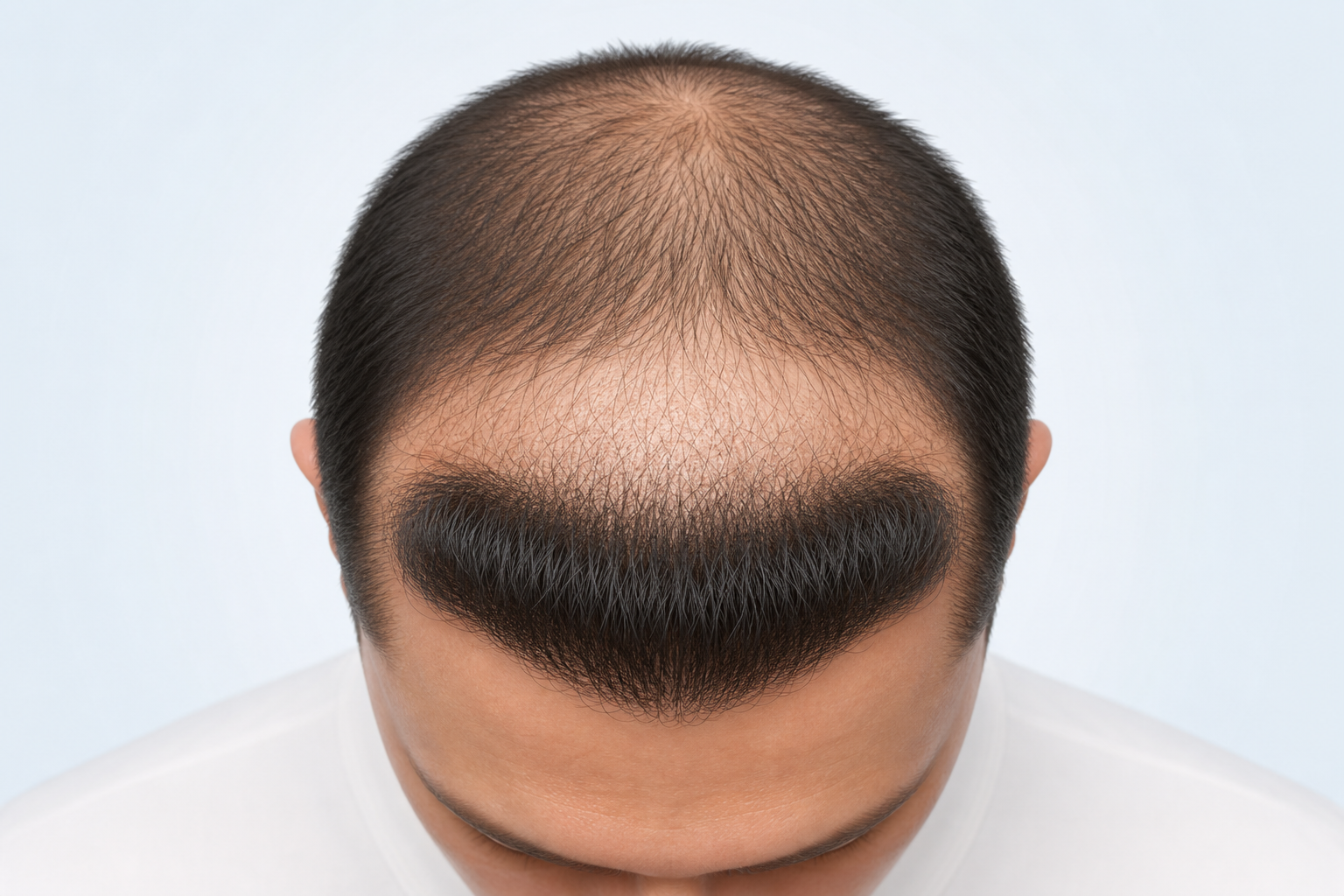 An educational 3D illustration of a male head from a top-down perspective. The front hairline has de