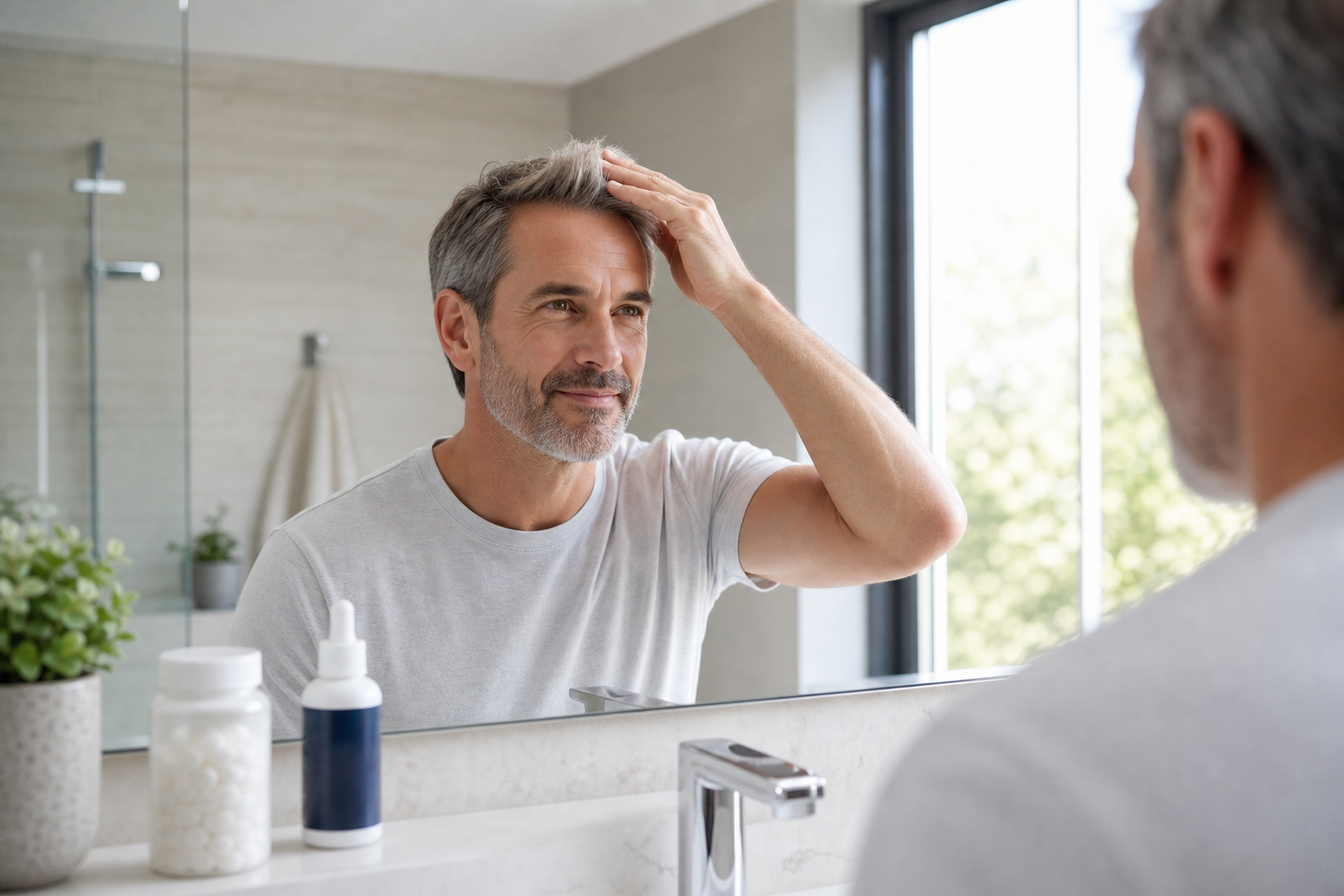 A lifestyle image of a middle-aged man in a bright, modern bathroom looking in the mirror with a sat