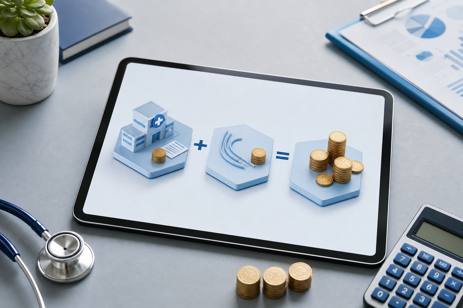 A conceptual 3D isometric illustration of a cost breakdown for a medical procedure. On a clean desk,
