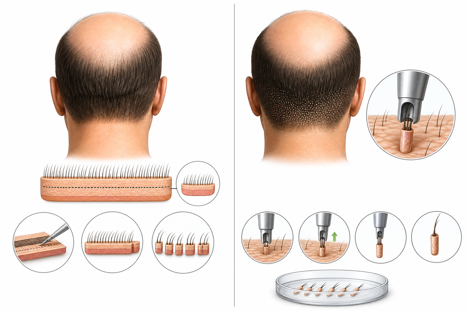 A comparative medical illustration showing two different hair follicle harvesting methods side-by-si