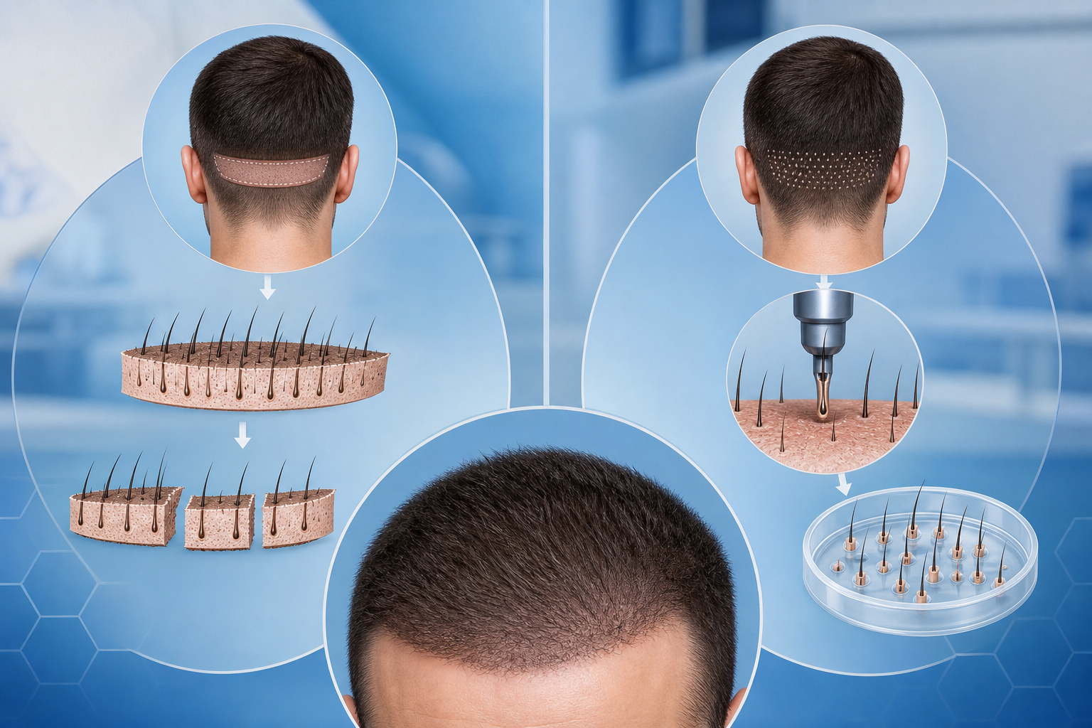 A clean, conceptual medical illustration comparing two methods of hair transplantation: FUT and FUE.