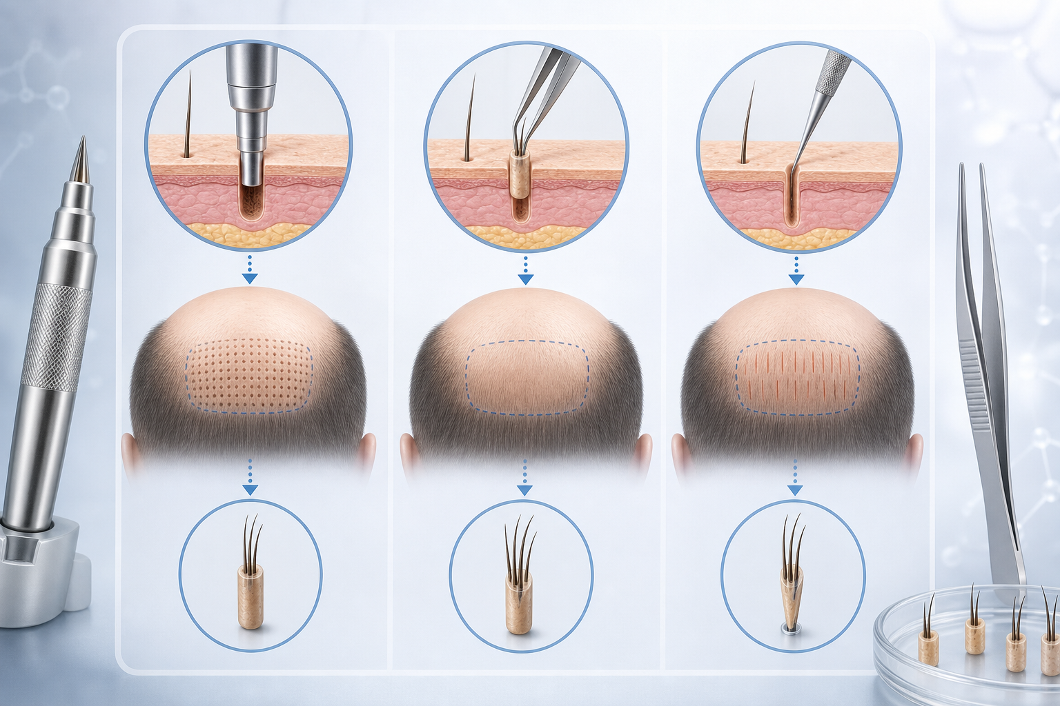 A clean, educational medical illustration showing three different types of hair transplant technique