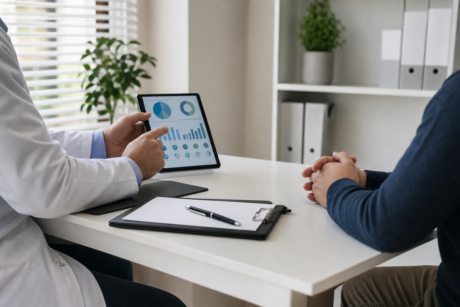 A reliable and reassuring image of a professional consultation. A doctor in a white coat is pointing