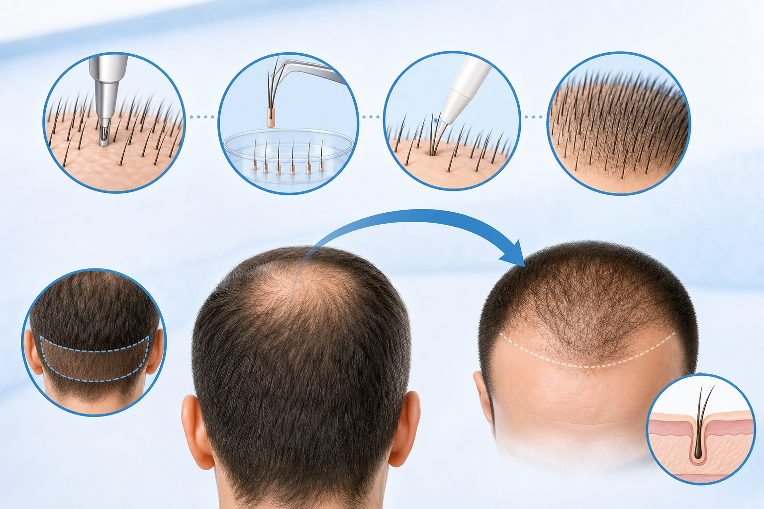 A conceptual medical illustration showing the process of a hair transplant. A diagram of a scalp whe