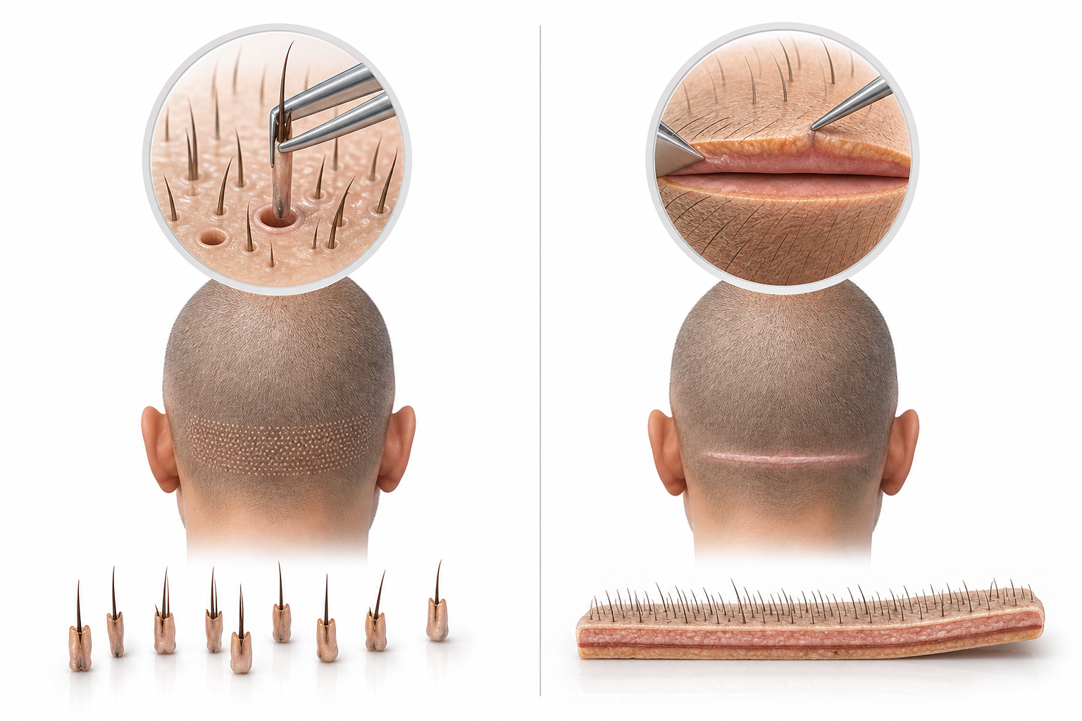 An informative infographic illustrating the difference between FUE and FUT hair transplant methods. 