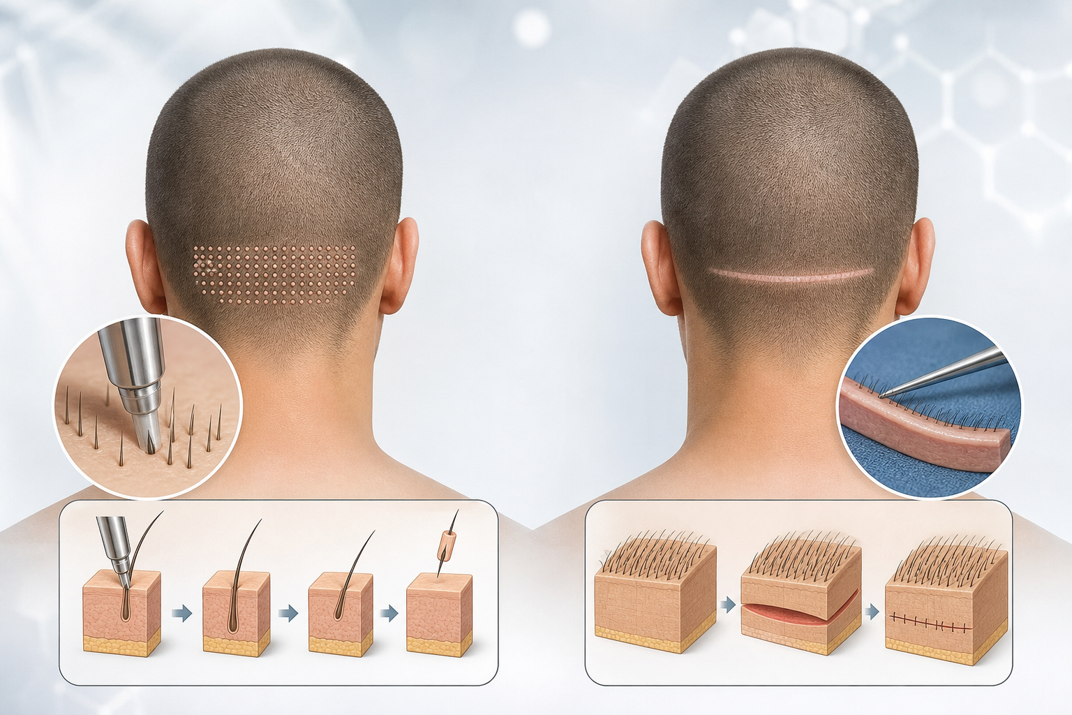 A professional medical infographic-style illustration comparing two surgical methods. One diagram sh