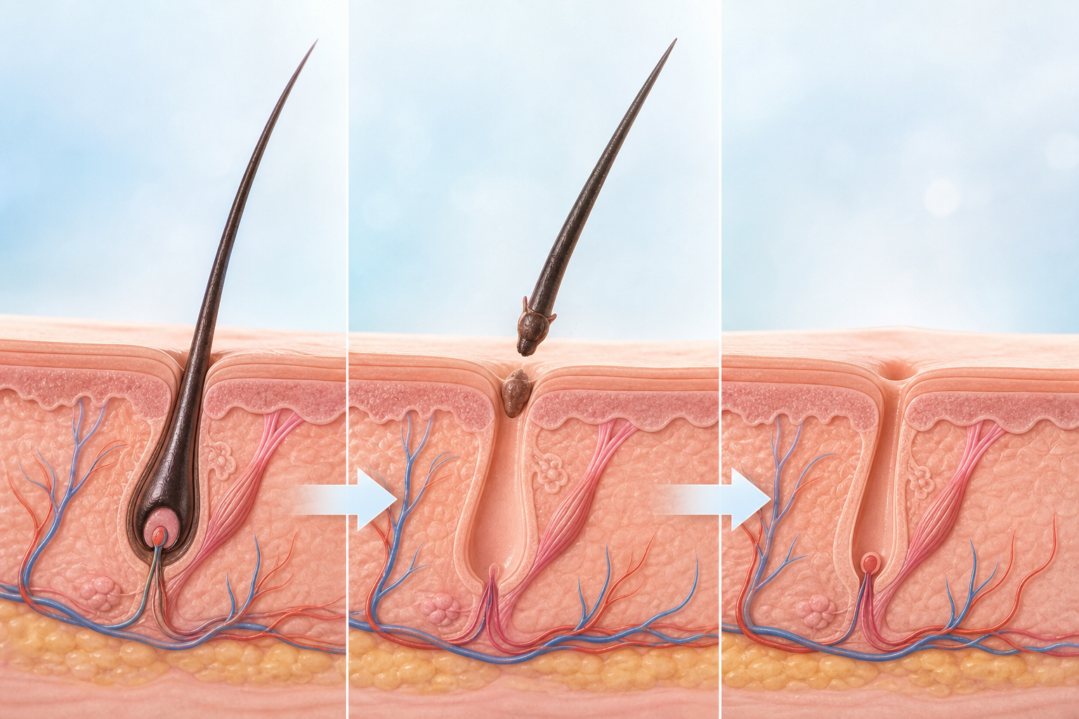 A detailed scientific diagram showing the biological process of a hair follicle after transplantatio