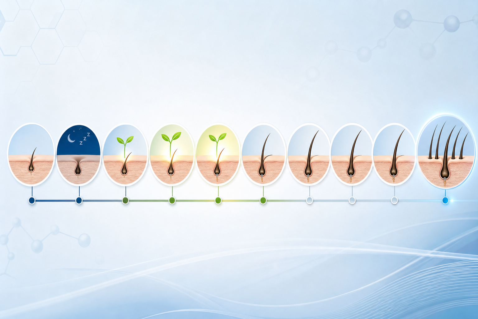 An informative and clean timeline illustration showing the hair growth progress after a transplant. 