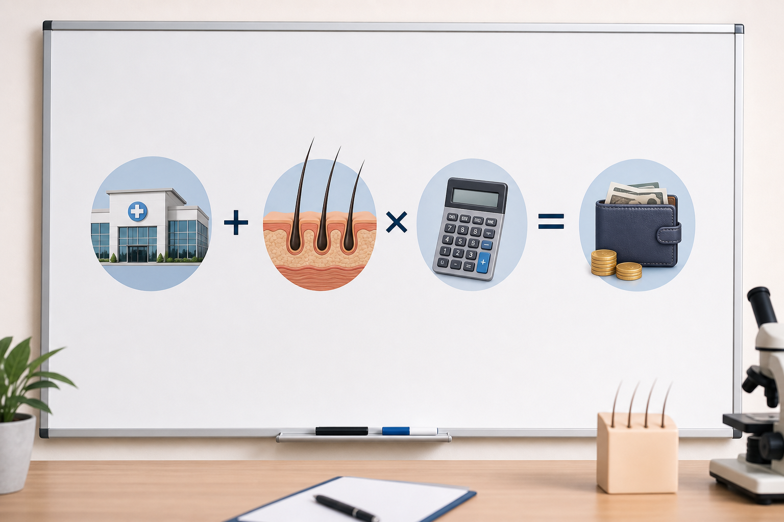 An infographic-style illustration of a calculation formula for hair transplant costs. On a clean whi