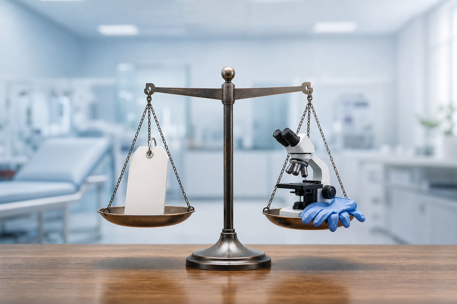 A conceptual illustration of a person comparing two important factors on a balance scale: one side h