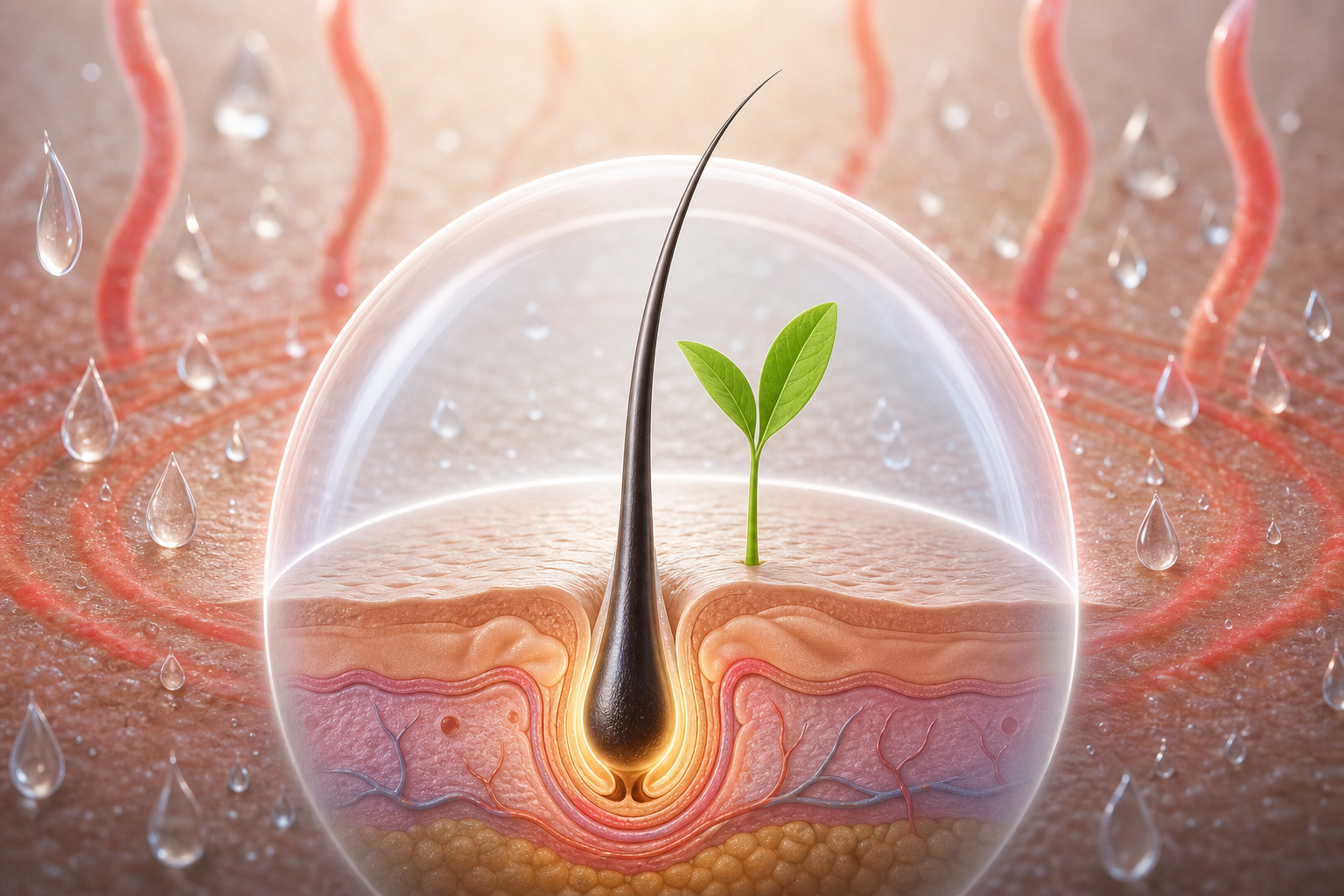 移植されたばかりの毛包が頭皮に根付く様子を、土に植えられたばかりの小さな若葉の苗に例えた概念的なイラスト。周囲には熱気や大量の汗を象徴する赤い波紋や水滴が描かれており、デリケートな苗（毛包）を守る必要