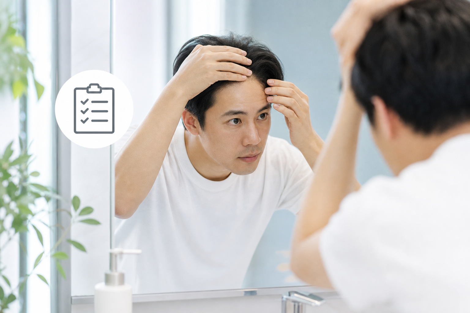 明るく清潔な洗面所の鏡の前で、30代の男性が自分の生え際を優しく鏡で確認しているライフスタイル写真。赤みやかさぶたの状態を丁寧にチェックしている様子を、清潔感のある落ち着いたトーンで描く。横には「チェ