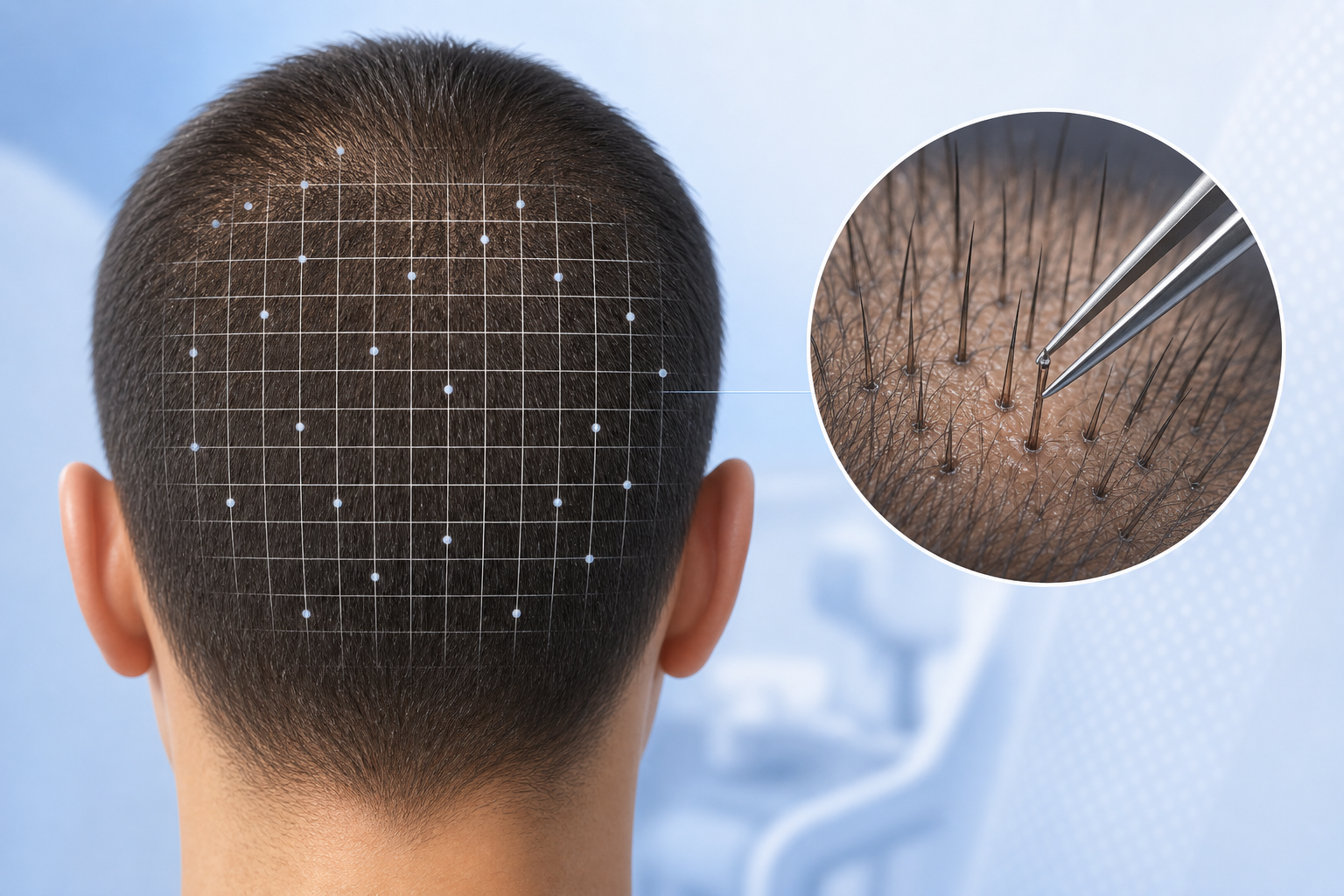 A professional conceptual illustration showing the back of a human head with a grid overlay represen