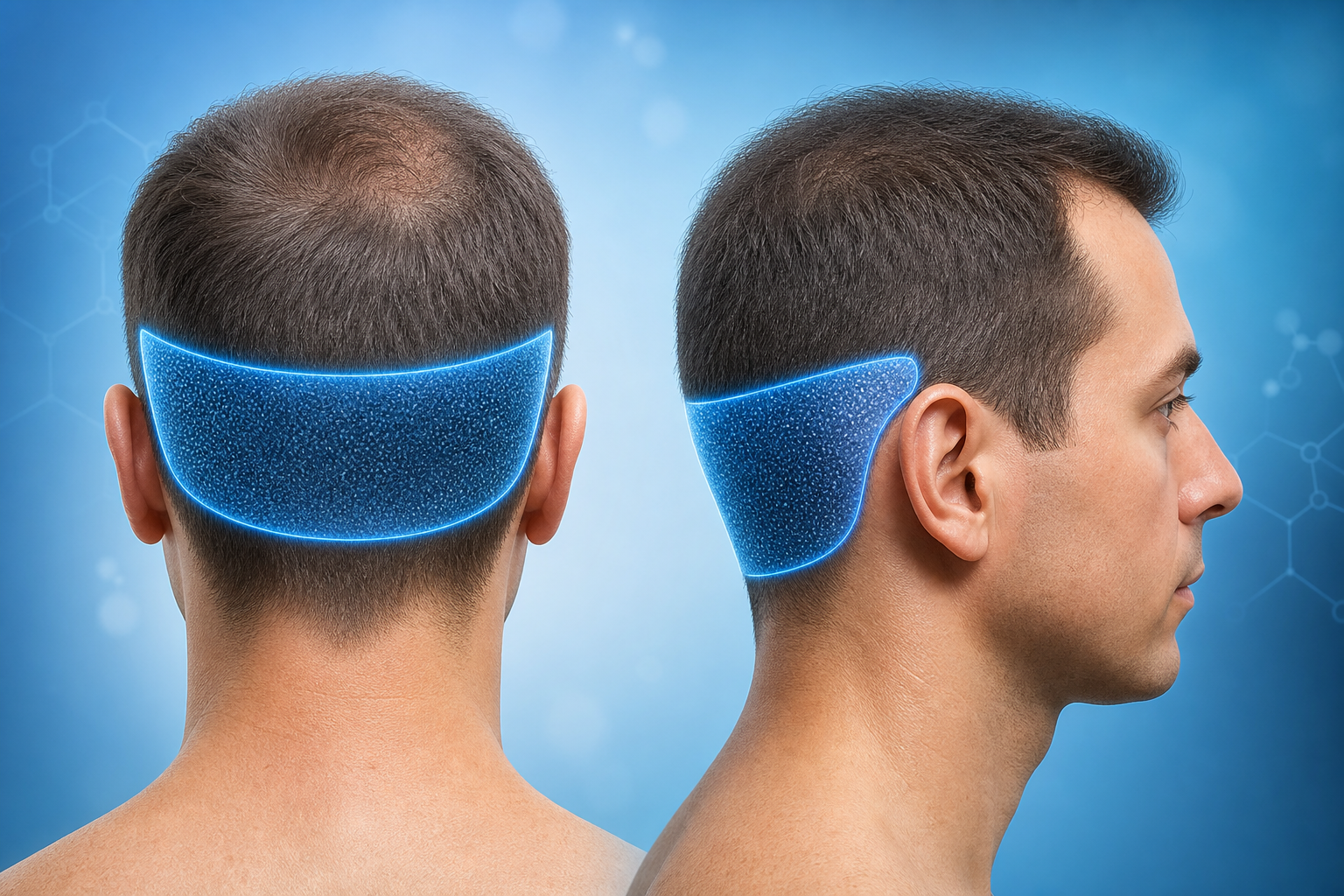 A detailed medical diagram of a human head from the back and side views. A specific area at the back