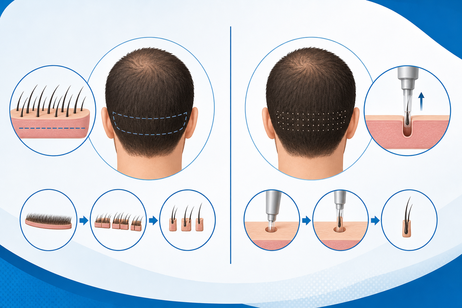 A clean, minimalist medical infographic-style illustration comparing two hair transplant techniques.