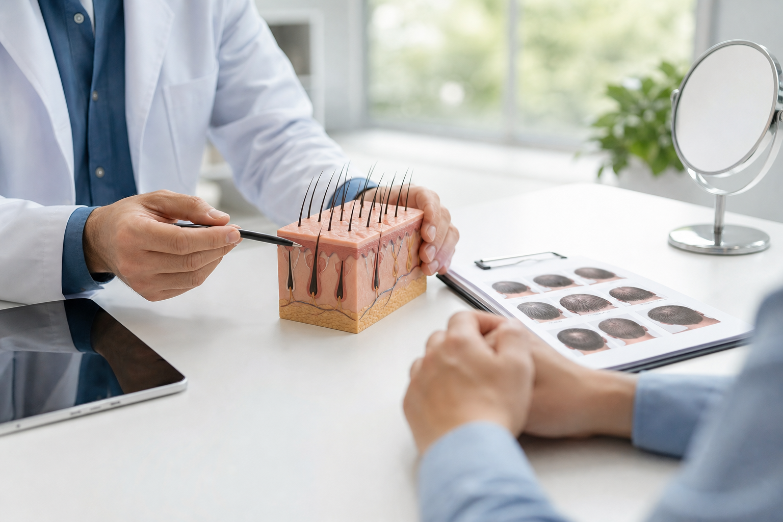A conceptual, high-quality photograph of a professional medical consultation. A male doctor in a cle