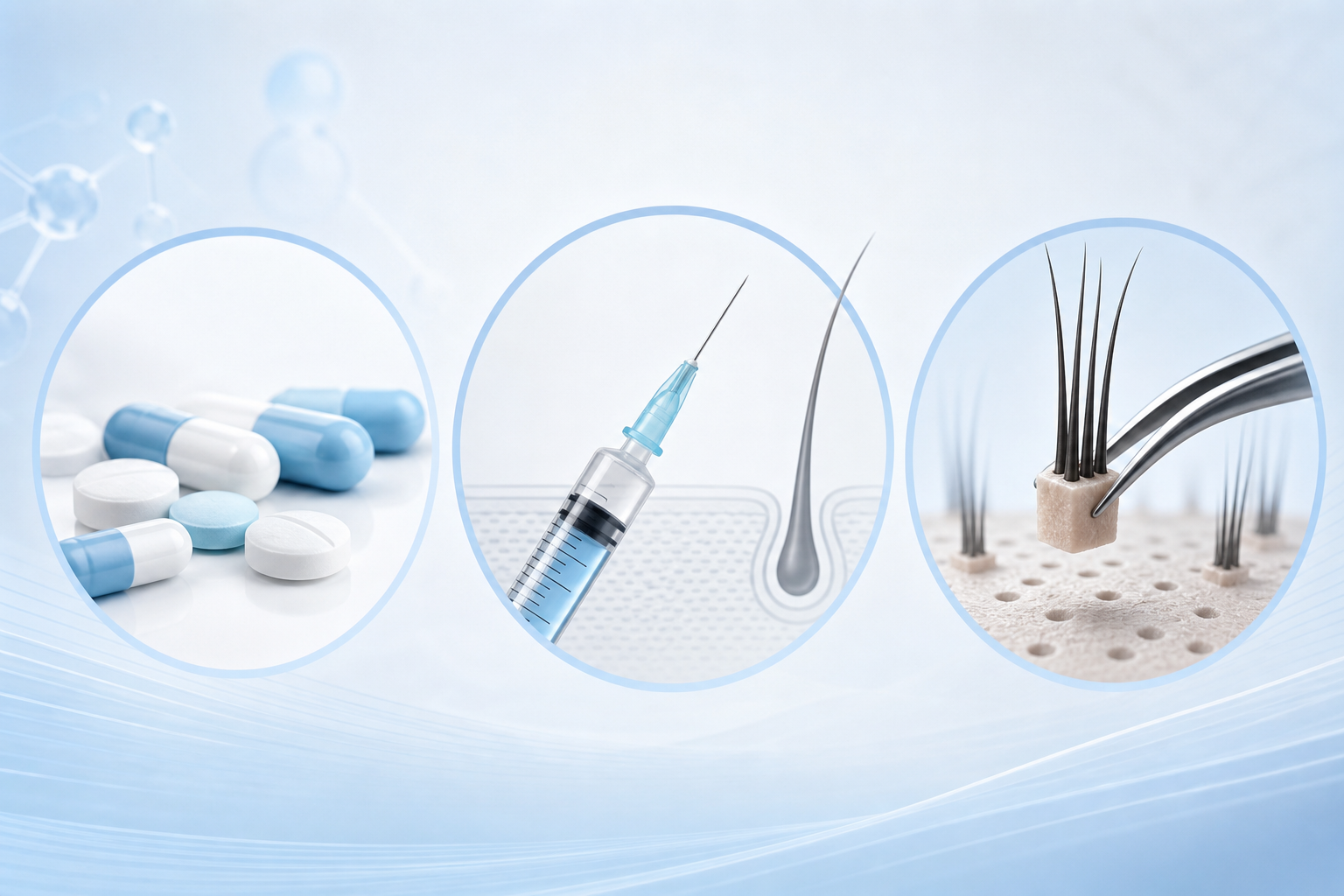 A conceptual medical illustration showing three categories of hair treatment: icons or clean graphic
