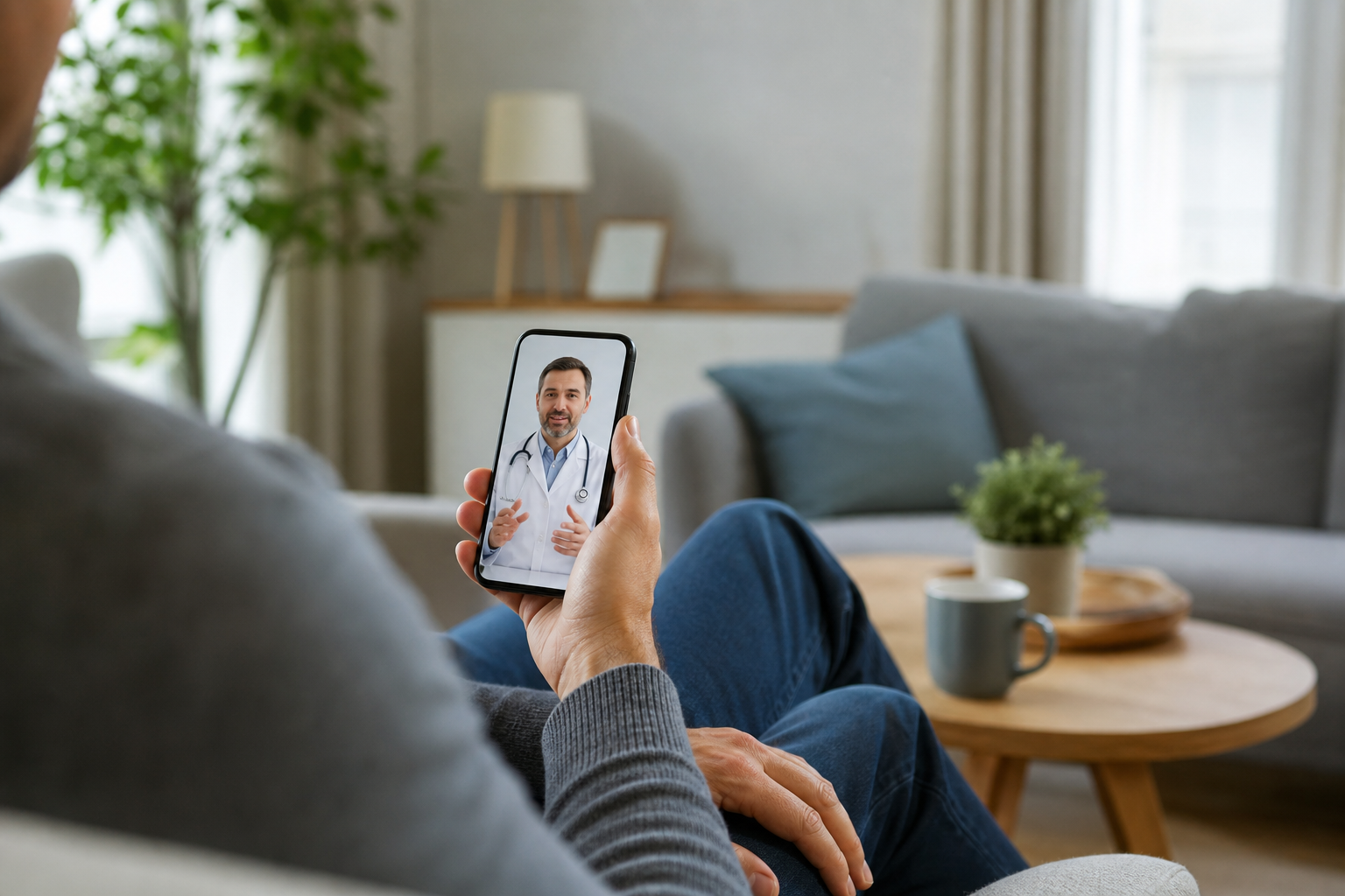 A man in his 30s or 40s sitting on a sofa in a bright, modern living room, holding a smartphone. The