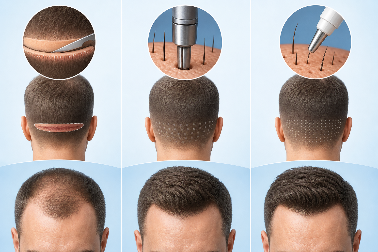 An informative and clean medical illustration comparing three hair transplant techniques. Panel 1: A