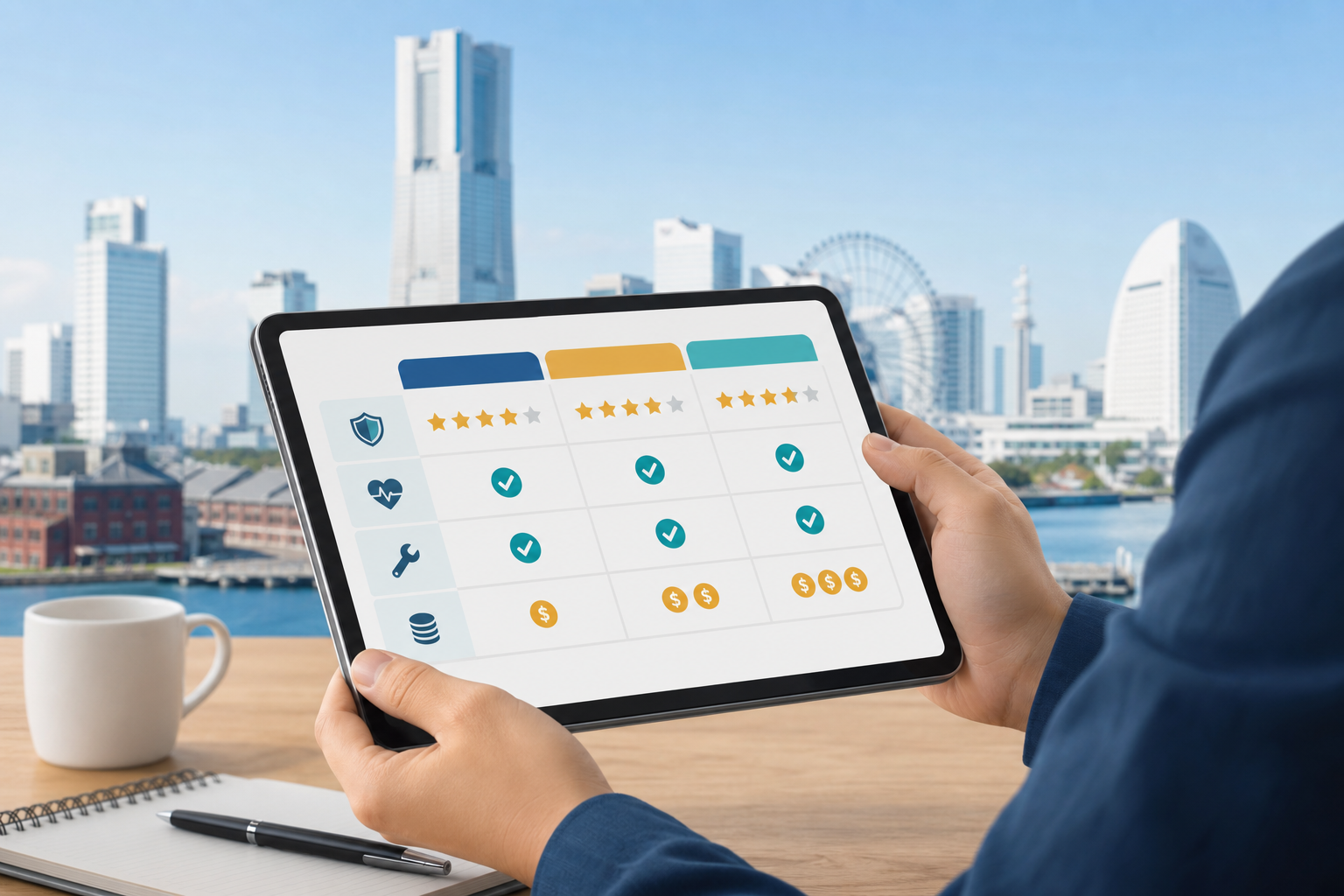 A modern and professional flat design illustration showing a man in his 30s or 40s thoughtfully comp