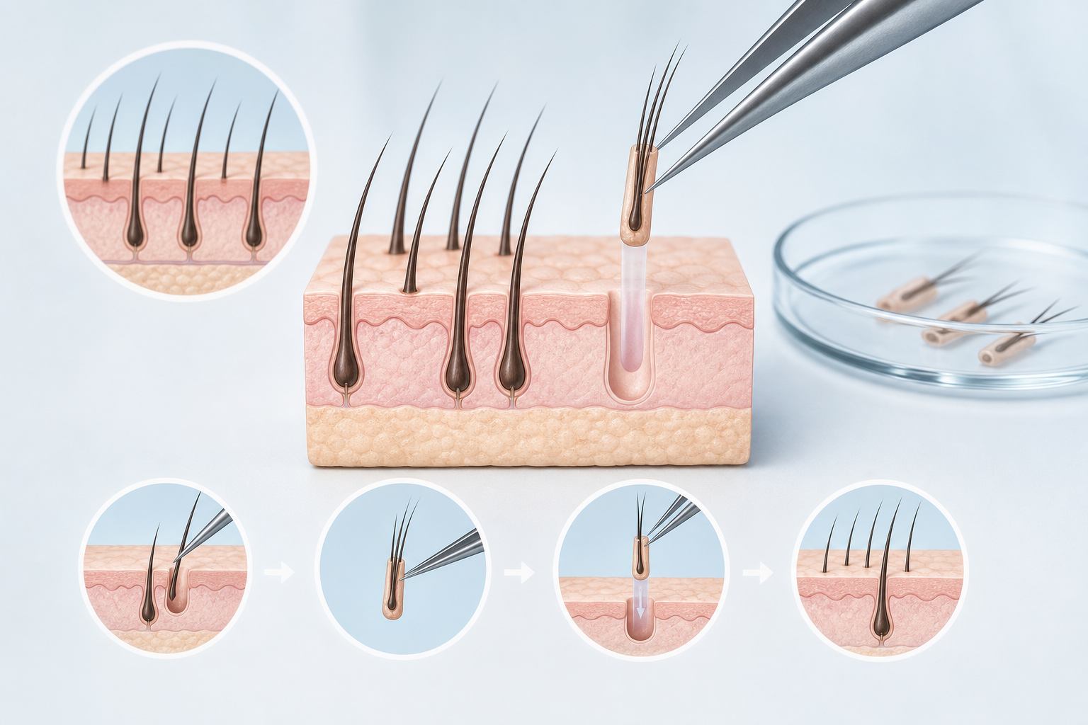 A clean and professional medical diagram illustrating the concept of hair follicle transplantation. 