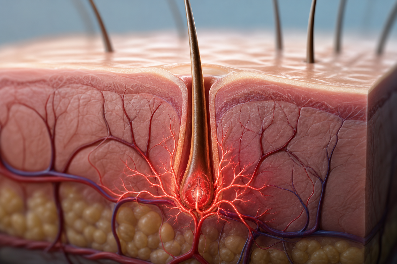 A conceptual medical illustration showing a cross-section of the scalp. A transplanted hair follicle