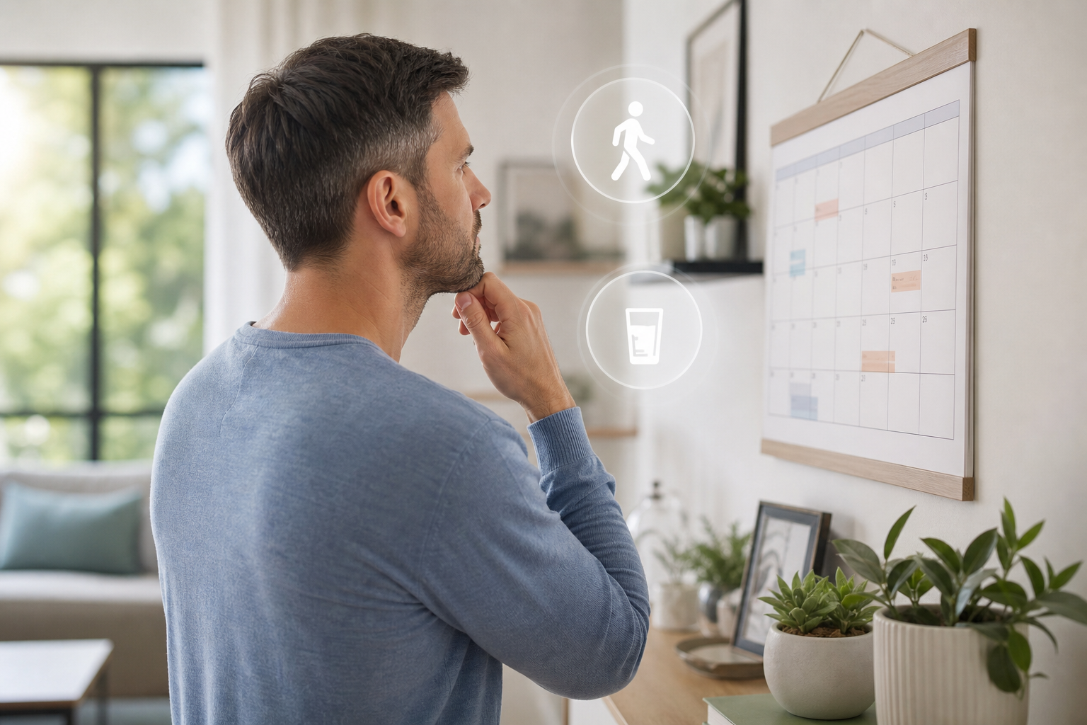 A lifestyle photo of a man in his 30s looking at a wall calendar in a bright, modern living room. He