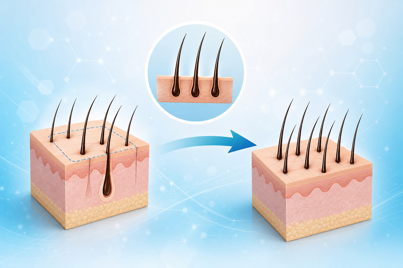 A stylized, professional medical illustration showing the concept of hair follicle movement. An abst