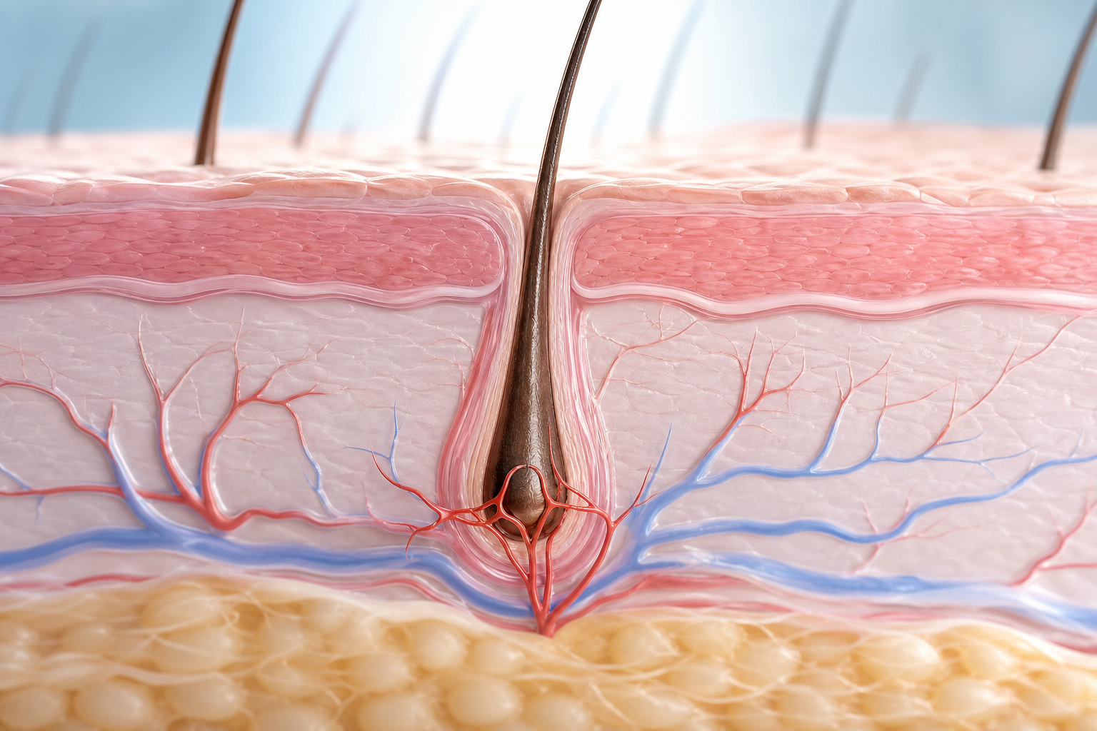 A professional medical illustration showing a cross-section of the scalp tissue. It illustrates a tr