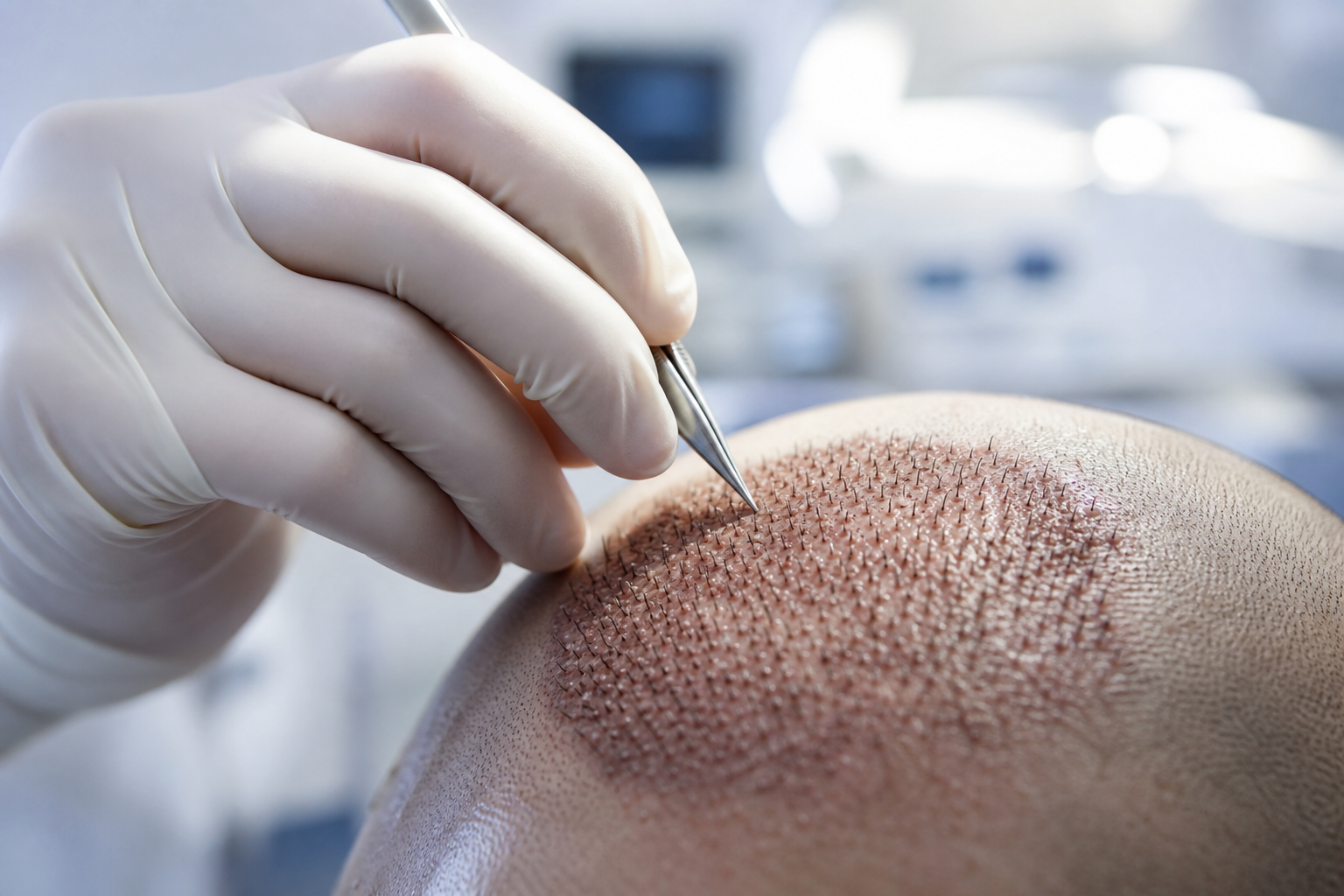 A close-up, high-quality illustrative image focusing on the precision of hair transplantation. A han