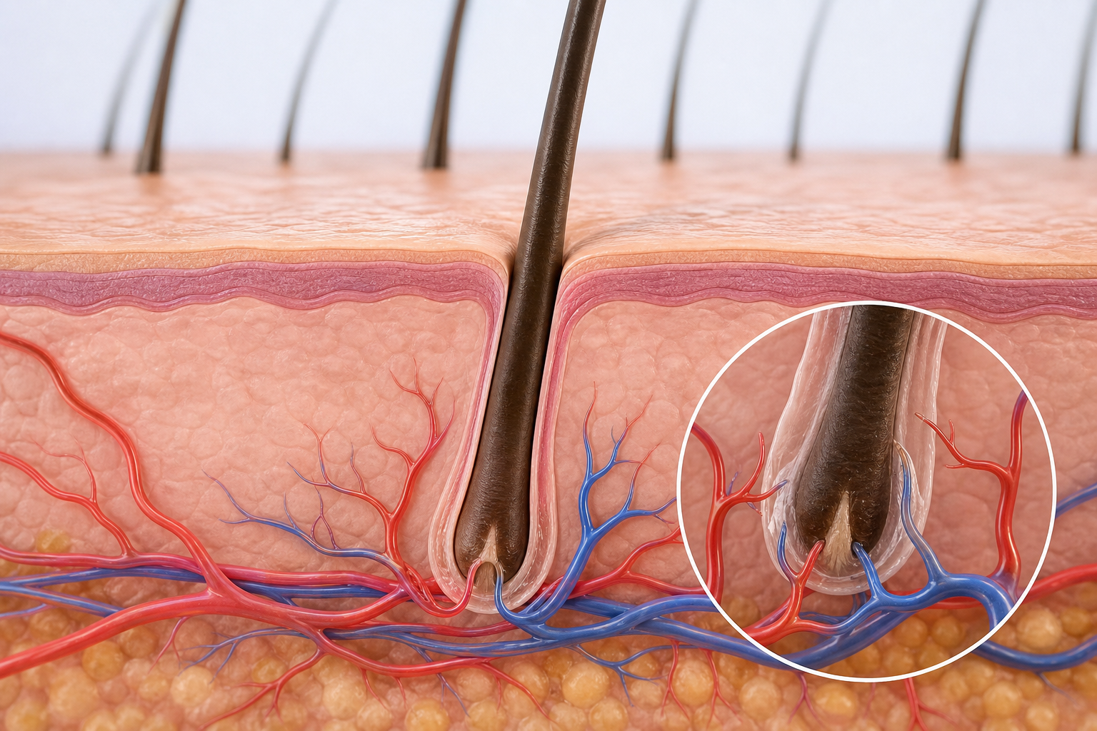 A conceptual medical illustration showing a cross-section of the scalp. It visualizes the process of