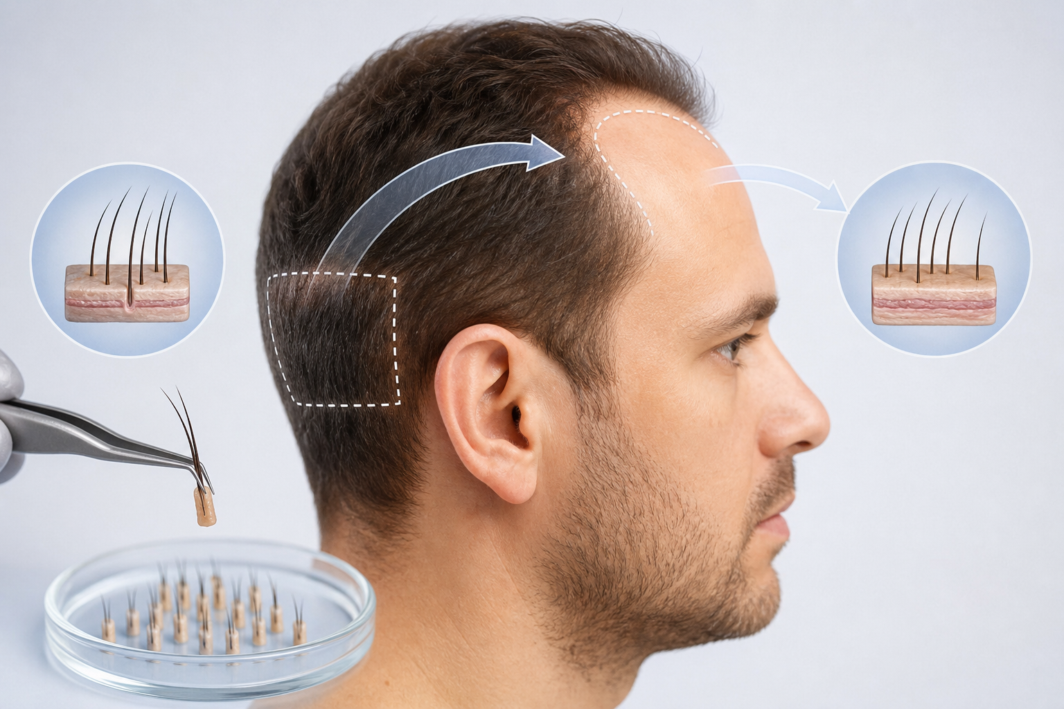 A clean and informative medical illustration showing a side profile of a human head. The diagram hig