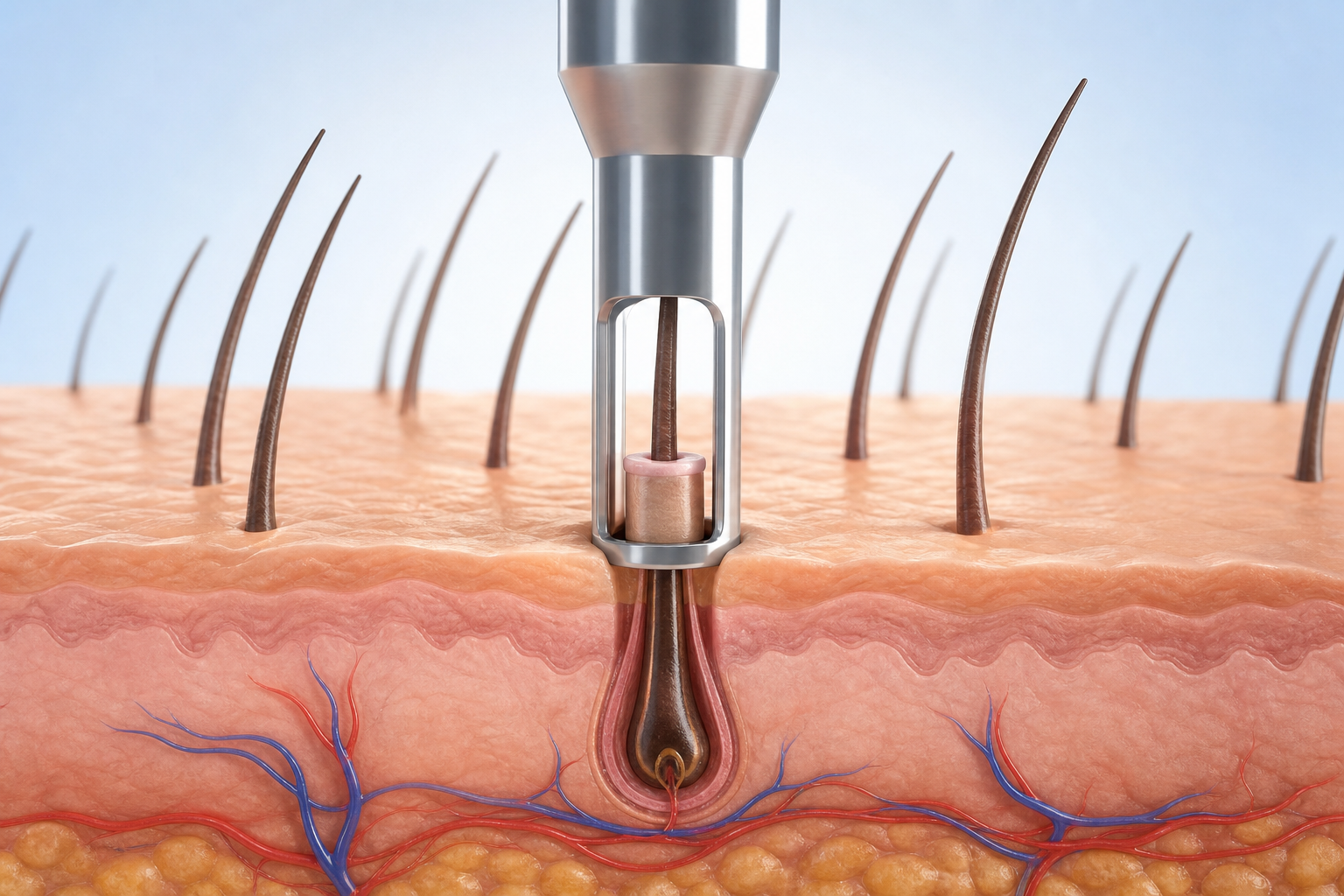 A macro-scale medical illustration of the FUE (Follicular Unit Extraction) process. The image shows 